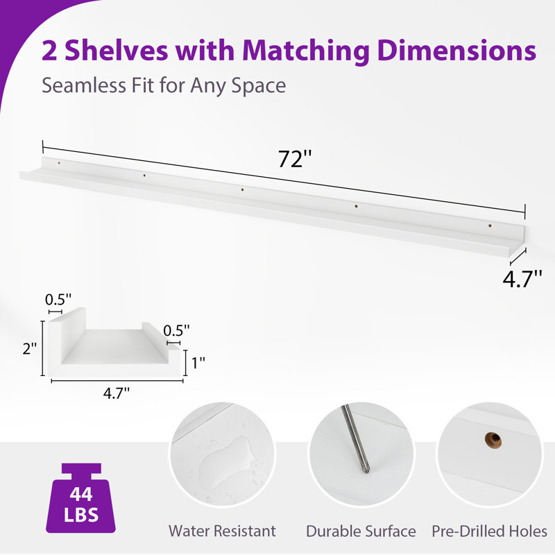 Tablette murale 2 pièces Darlicia, Blanc, H 2 po x l 72 po x P 4,7 po