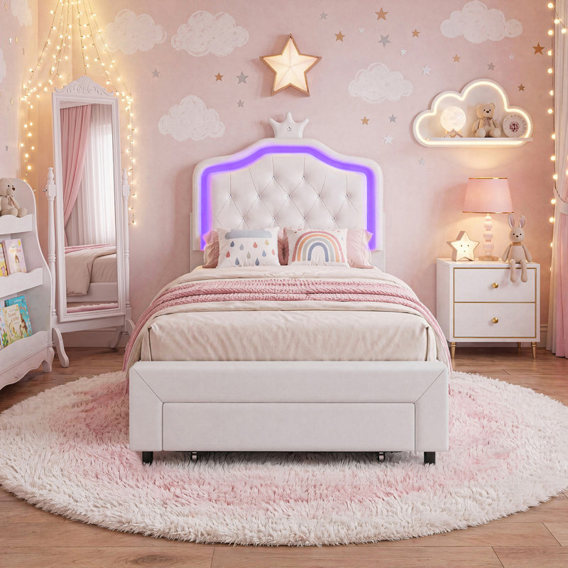 Warmth Single Bed Frame Kids Bed With LED, PU Upholstered Bed With Drawer And Adjustable Height Headboard, Platform Bed Frame With Solid Wood Slats, Easy Assembly