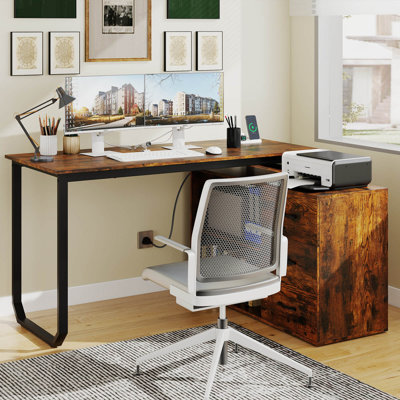 L-Shaped Desk with Power Outlet 55" Reversible Computer Desk with 3 Drawers