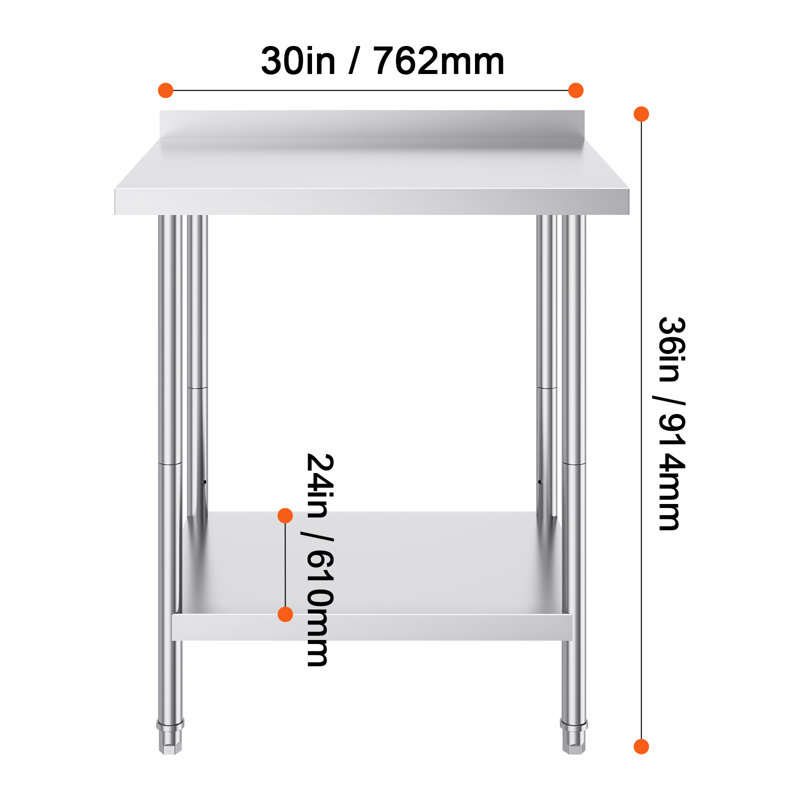 Stainless Steel Work Table with Back Baffle, Adjustable Shelf, 36" H x 30" W x 24" D