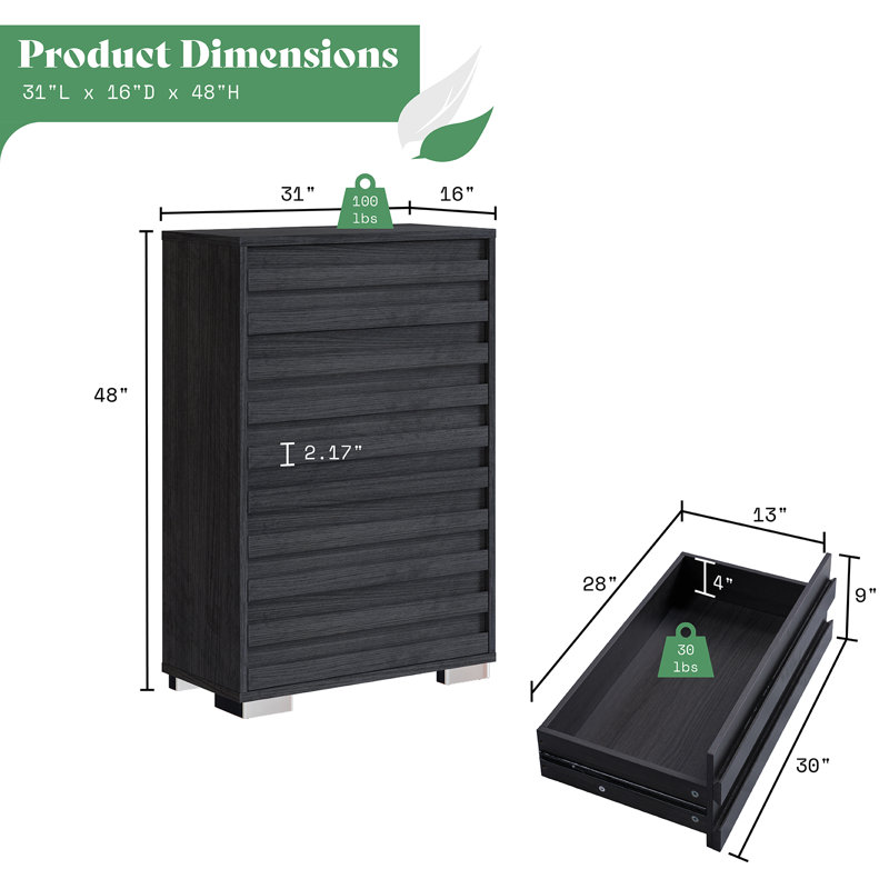 Louby 5 Chest Of Drawers For Bedroom, 47" Tall Drawers Dresser, Black, Black