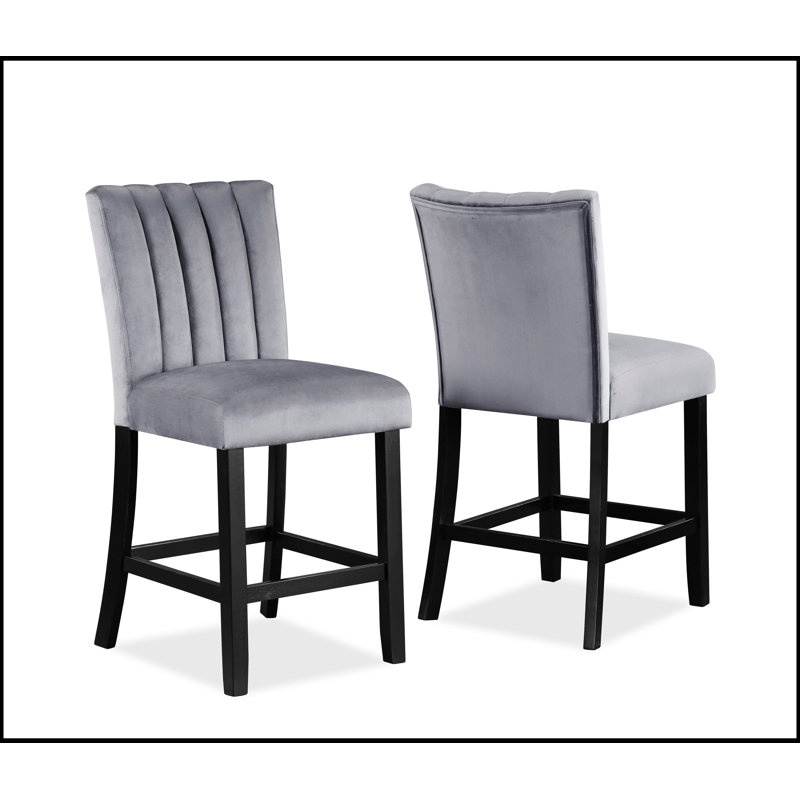 2pc Casual Upholstered Counter Height Chairs with Velvet Tufted Back and Wooden Frame, Grey and Black