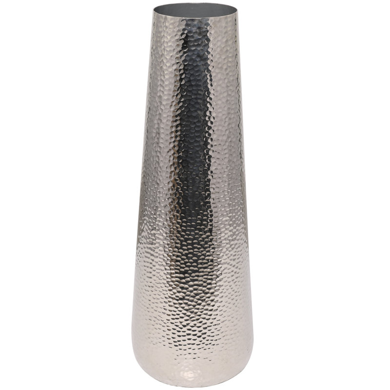Silver Cedrial Aluminum Metal Tall Hammered Decorative Vase, 30.85" H x 10.35" W x 10.45" D