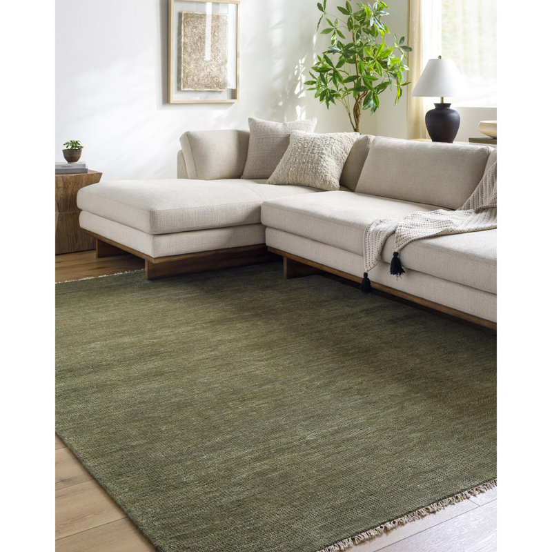 Hand Knotted Wool Area Rug in Green, Rectangle 10' x 14'