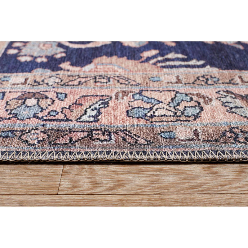 Lindauer Machine Washable Boho Floral Powerloomed Rug in Navy/Blush, Runner 2'6" x 7'6"