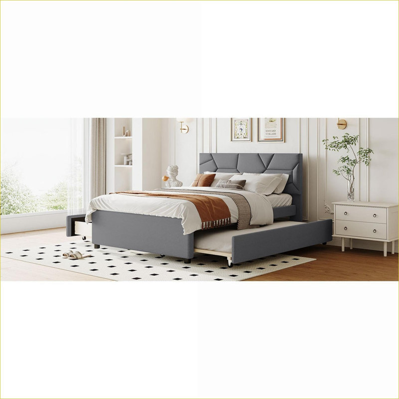 Lit plateforme tapissier pleine grandeur avec rangement, sans sommier, avec lit gigogne simple 2 tiroirs gris pour la chambre à coucher