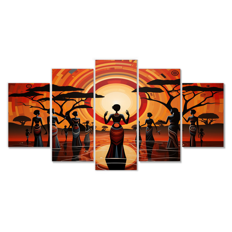 Célébration tribale sacrée de la pleine lune - Art africain, art mural, 5 pièces, H 32 po x l 60 po