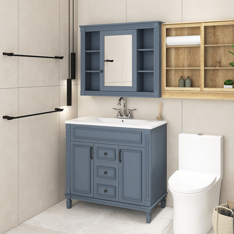 Ensemble de meuble-lavabo autoportant 36 po avec comptoir en céramique et armoire à pharmacie 36 po, Bleu
