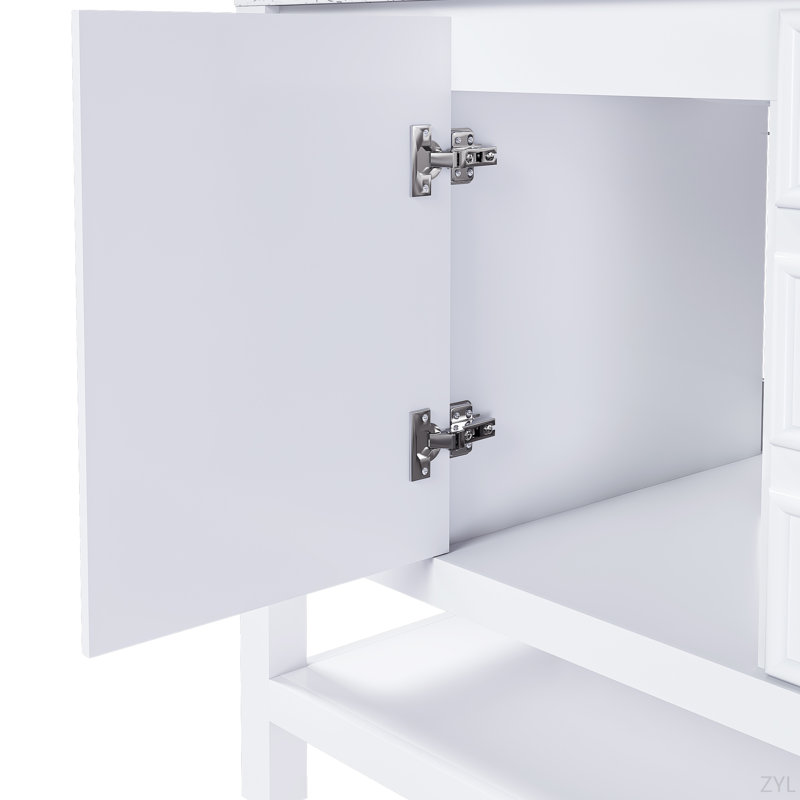 Meuble-lavabo de 36 pouces, sans lavabo, avec une armoire et trois tiroirs, cadre en bois massif et panneau de fibres à densité moyenne, en blanc