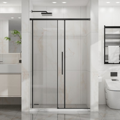 48" - 72" Semi- Shower Door, 6mm Thick Tempered Clear Glass, Easy Coating, Matte Black Finish, Stainless Steel Frame, Reversible Opening, Waterproof Splash, Smooth Rollers For Bathroom Glass Modern