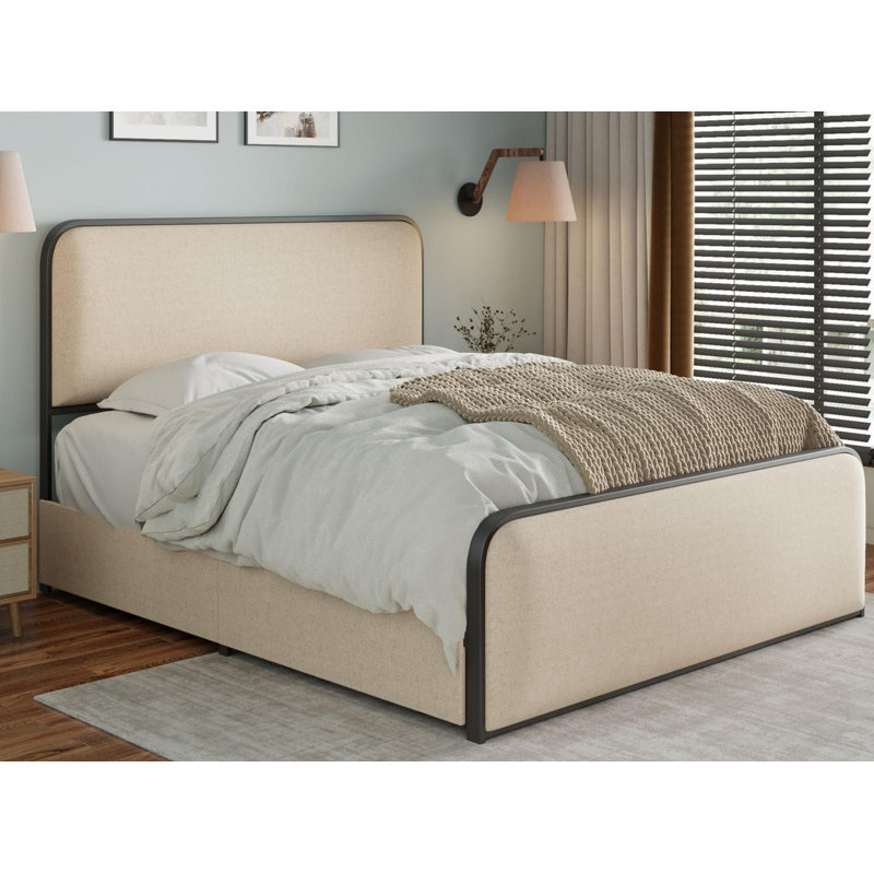 Lit avec 4 tiroirs de rangement, cadre de lit moderne en métal avec tête et pied de lit rembourrés courbés, Très grand lit