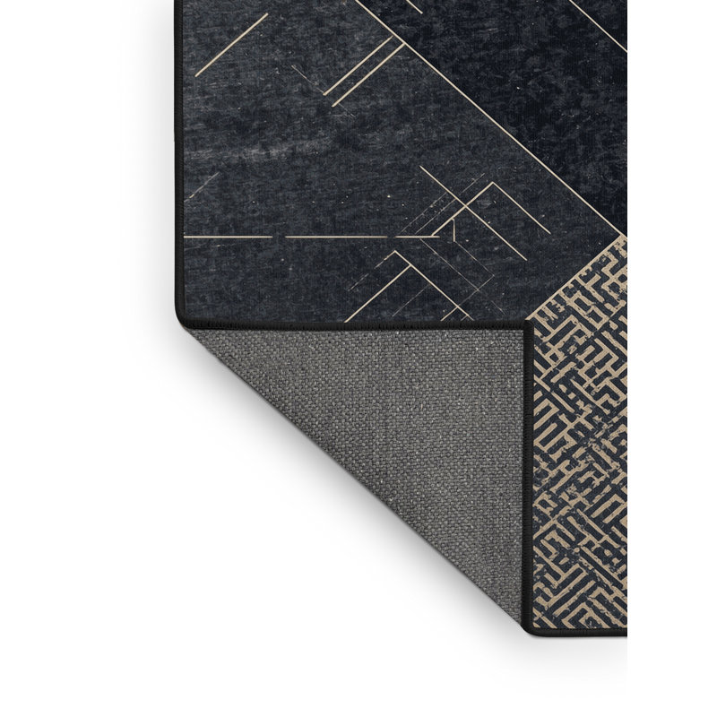Tapis à motif géométrique moderne moelleux et doux à motif géométrique noir - reliure noire, 2 x 5