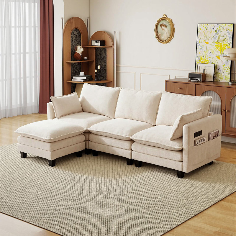 Canapé modulaire recouvert en L de 108 po à 3 places en chenille avec ports USB intégrés 108 po, Chenille beige