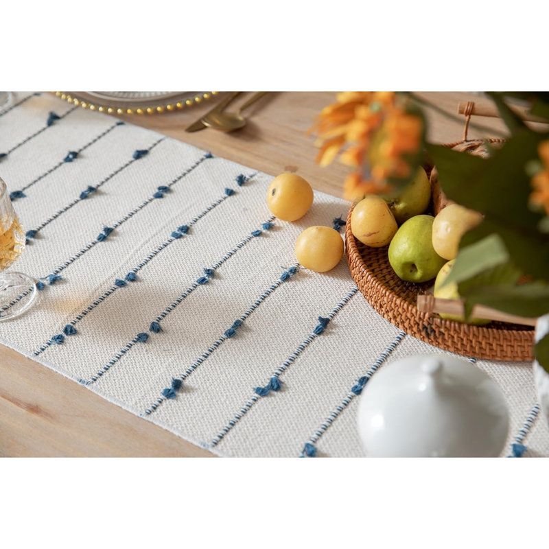Boho Table Runner 72 Inchs Long For Modern Farmhouse Room Home Decor, Blue And Beige Coffee Table Runner, Natural Cotton Woven With Tassels Neutral, For Kitchen Dining Table Décor