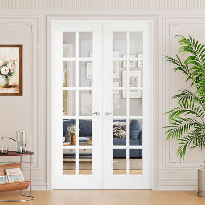 Interior 10-Lite Clear Glass Door, CARB P2 MDF & SGCC Tempered Glass French Doors, Satin Nickel Hardware-Privacy Door Lever with Lock, Latch & Hinges, Pre‑Finished & Waterproof, Pantry, Bedroom, Bathroom & Closet, Easy DIY Stain, 48"x 96"