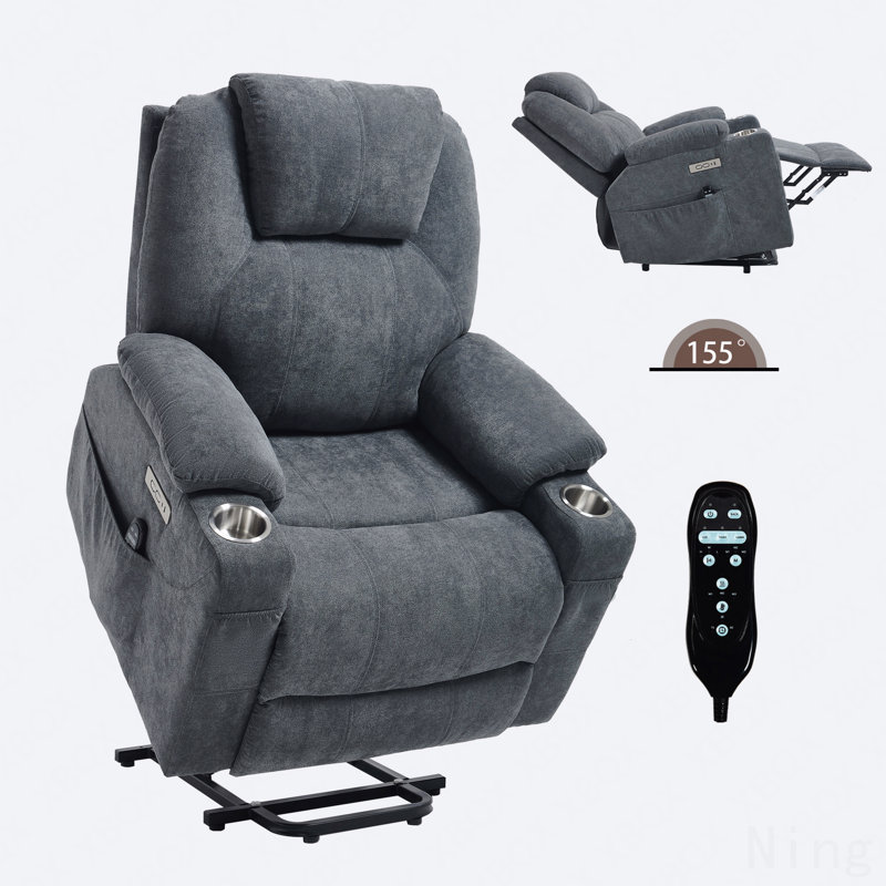 Polyester Power Lift Recliner - 8-Point Massage, Lumbar Heating, USB/Type-C, Steel Cup Holders, Gray