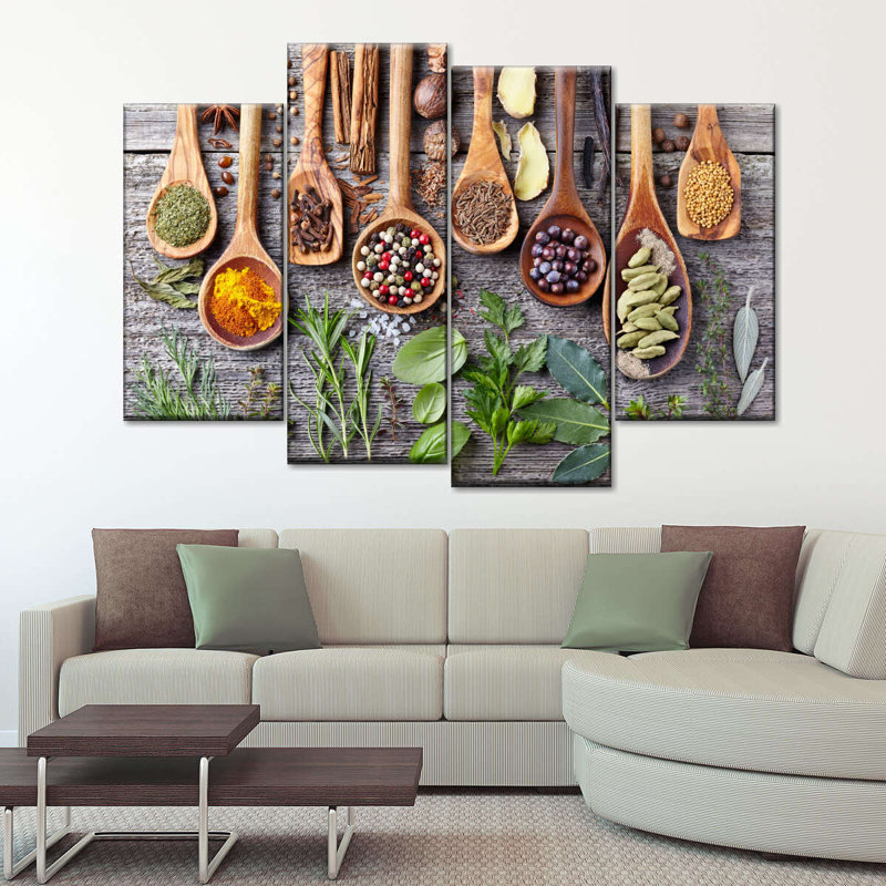 Herbes et épices - 4 pièces sur toile tendue, H 22 po x l 36 po x P 1 po