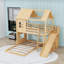 Lit superposé simple au dessus d'un lit double en bois avec tablettes, glissade et garde-robe ouverte-129421633