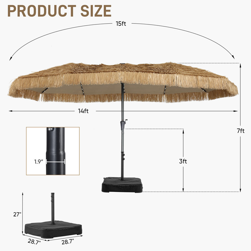 Parasol Thatch avec parasol Tiki avec base et lumières solaires, 15 pi, 2