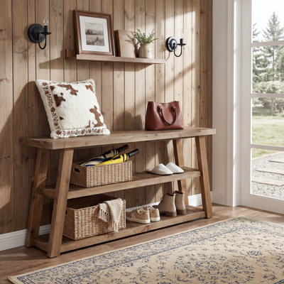 63" Solid Wood Entryway Bench with 3-Tier Open Storage Shelves for Hallway