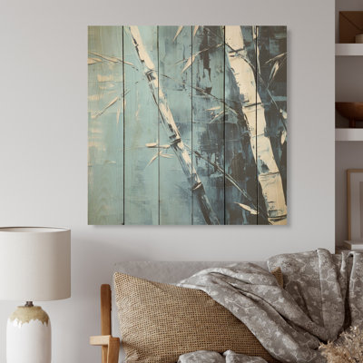 Serenity in Wild Blue Bamboo I - Art mural en bois de bambou sur bois de pin naturel