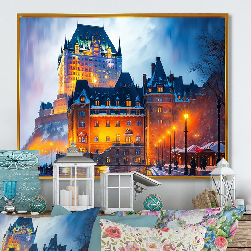 «Chateau Frontenac in Winter IV», reproduction sur toile, L 40 po x H 30 po, Toile avec cadre flottant or