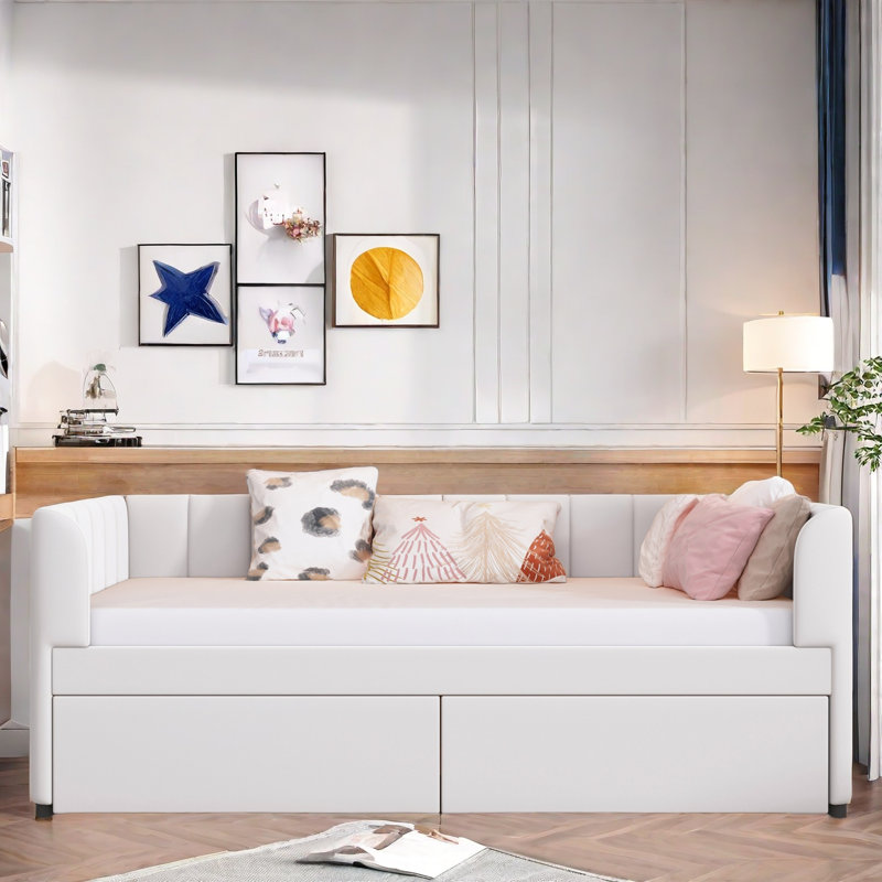 Upholstered Daybed With Ergonomic Design Backrest And 2 Drawers, Beige