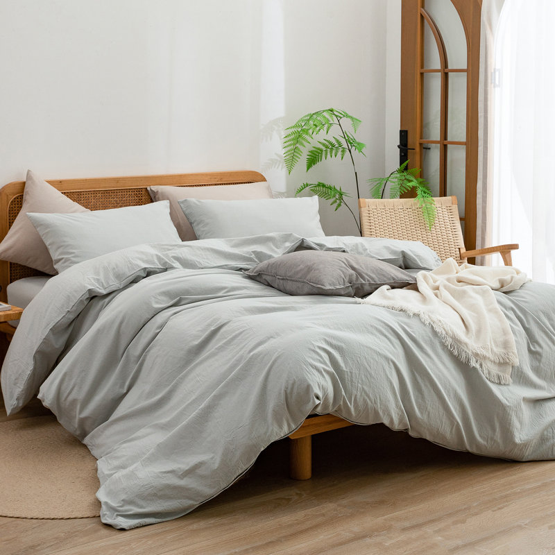 BESTOUCH Duvet Cover Set 100% Washed Cotton Linen Feel Lightweight, Northern Droplet Grey