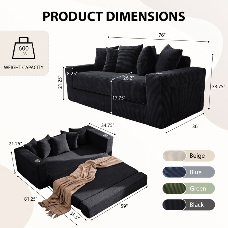 Boneless Compression Corduroy Convertible Sleeper Sofa Bed, 2-in-1 Loveseat Sofa with Cup Holders & Side Storage Pocket