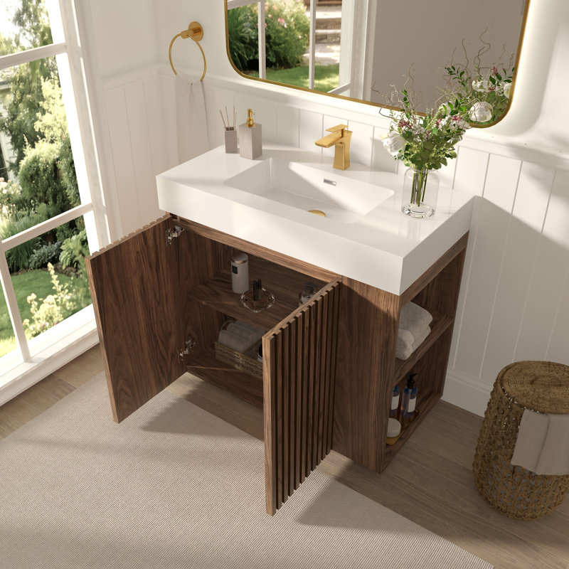 Meuble-lavabo 36 po avec surface solide, Blanc / Brun, Monotrou