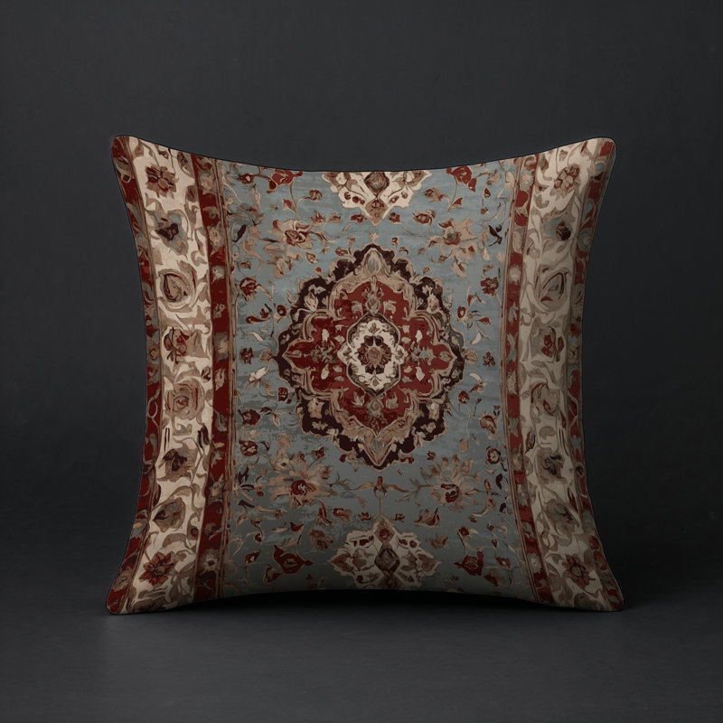 Coussin décoratif intérieur et extérieur Modern, Carré 18 po, Bleu clair / bourgogne / beige damassé
