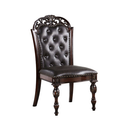 2Pc Traditional Brown Cherry Side Chairs, Solid Wood, , Luxury Dining Chair Of 2 Base, Button Armrest