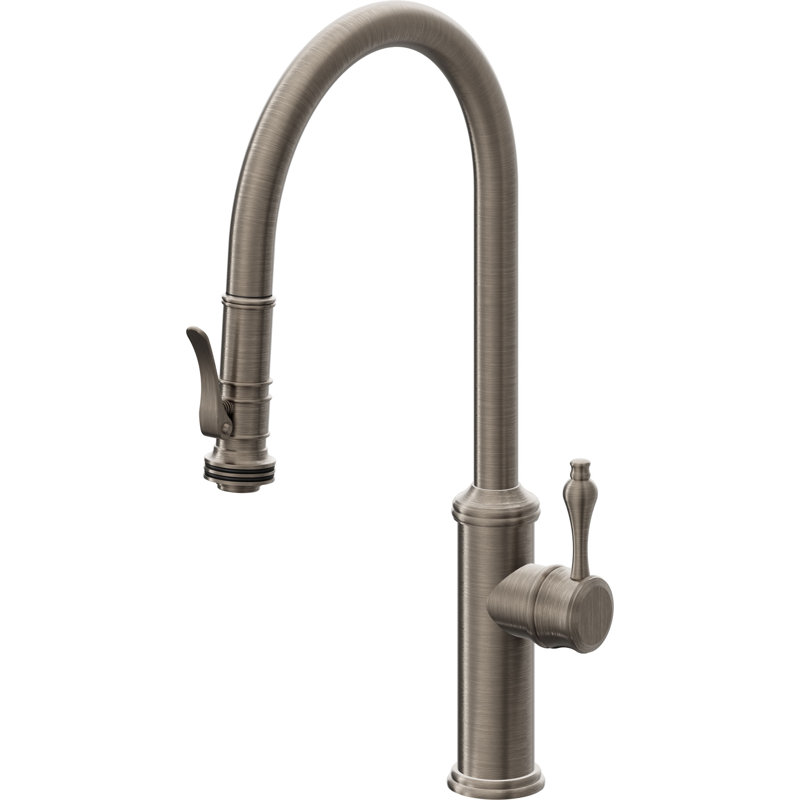 Davoli Pull-Down Kitchen Faucet with Squeeze Sprayer - High Arc Spout, Antique Nickel Flat, Modern Lever