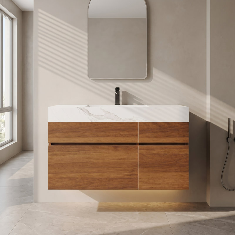 Meuble-lavabo mural simple en noyer de 76 cm (30 po) avec lavabo en céramique, comptoir en pierre frittée, tiroir et armoire