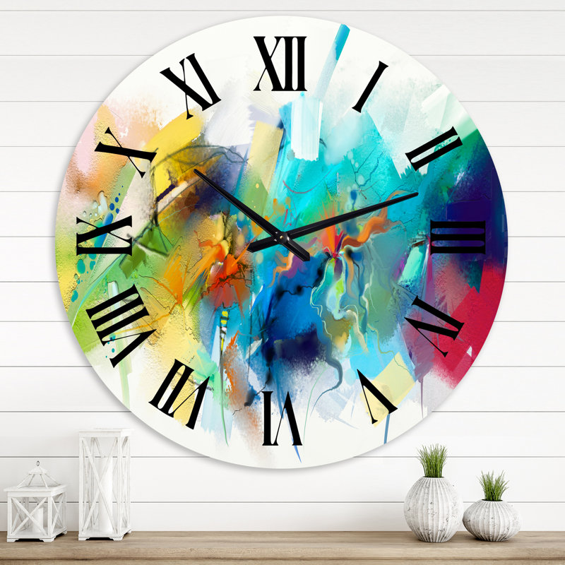 Turquoise Story avec touches de jaune et de rouge - horloge murale moderne, Grand