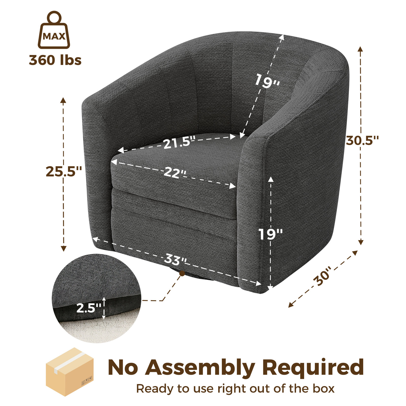 Eucalyptus Swivel Barrel Chair, Dark Gray