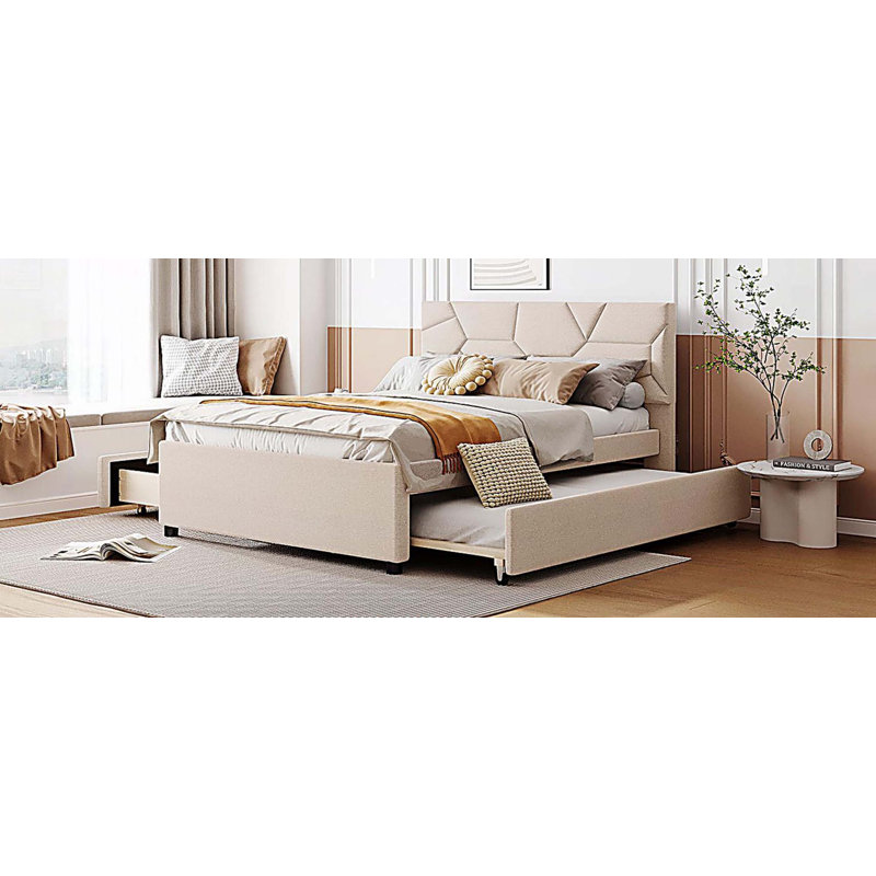 Lit plateforme tapissier double avec tête de lit à motif brique, gigogne simple et 2 tiroirs, tissu en lin, beige, Beige