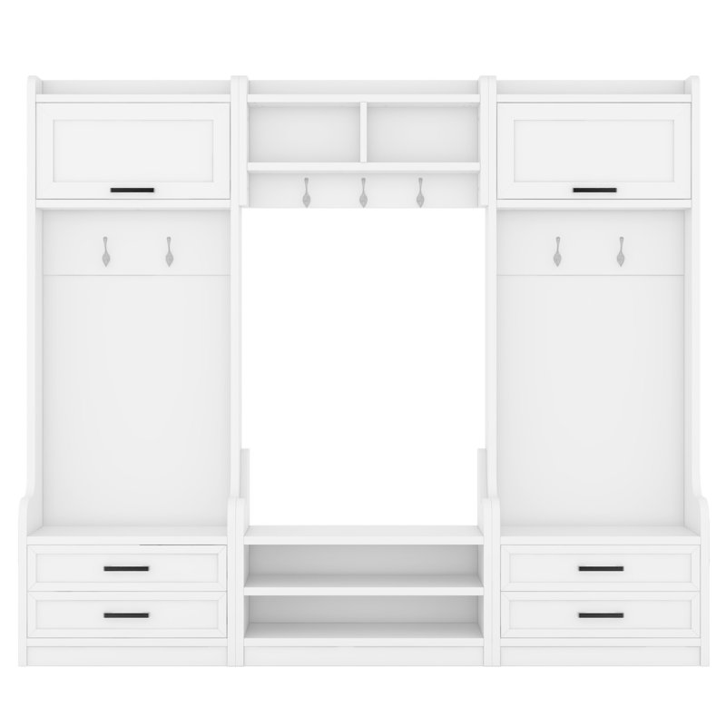 78"W Hall Tree With Bench And Shoe Storage, White
