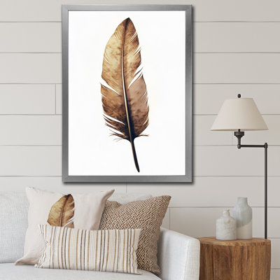 " Brown Boho Feather On White Watercolor "