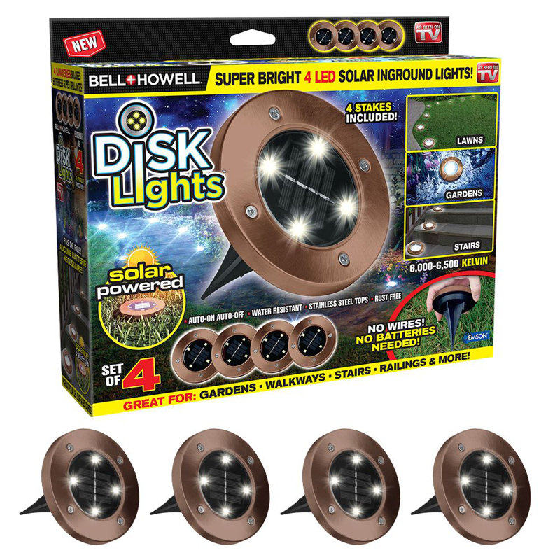 Bell + Howell Solar Powered Integrated LED Metal Disk Light Pack (Set of 4), Bronze
