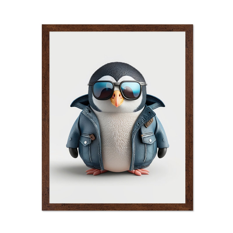 Bébé manchot à lunettes de soleil, 24"H x 32"W, Poster, Brown Framed