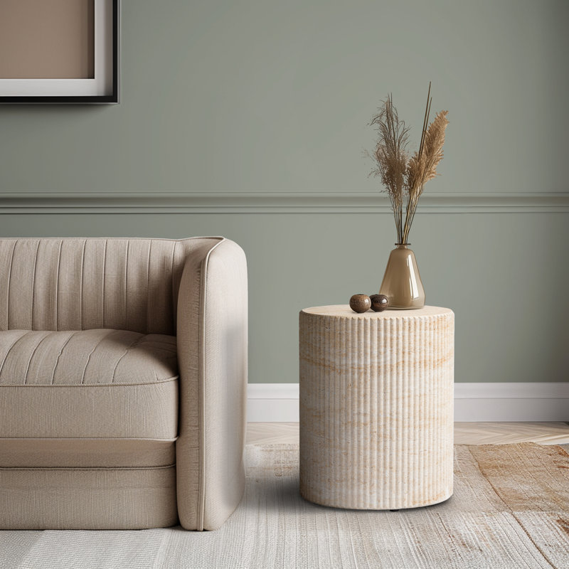 Ivy Bronx Svante Travertine Effect Stool Side Table Durable Weatherproof Indoor and Outdoor End Table