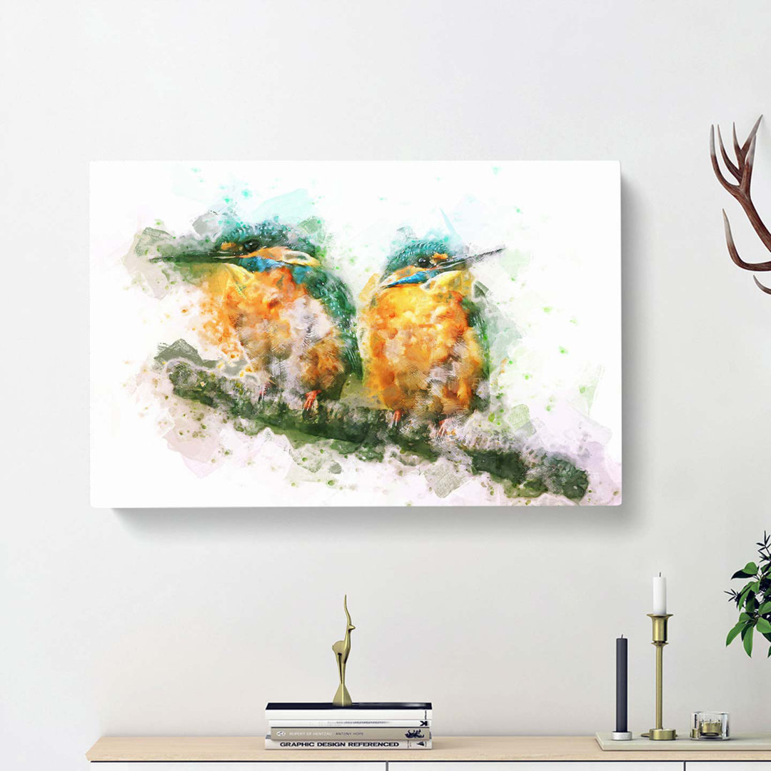 Pair Of Kingfisher Birds In Abstract - Wrapped Canvas