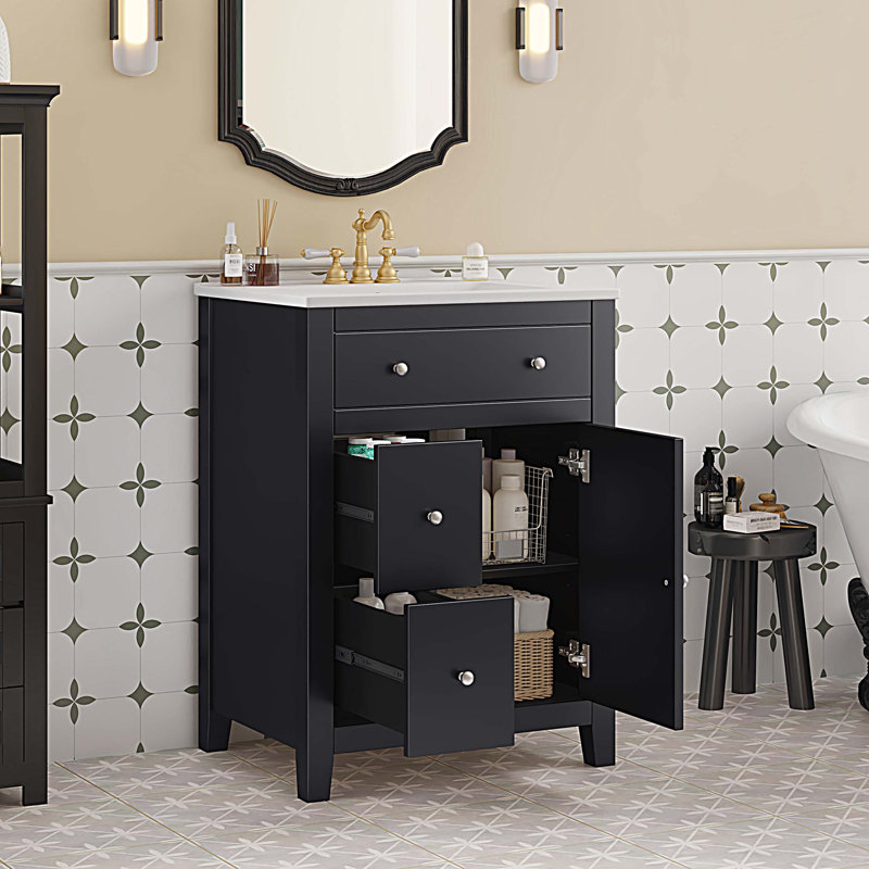 Meuble-lavabo 24 po avec lavabo en céramique 24 po, 2 tiroirs et 1 porte, Noir