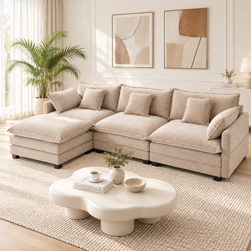 109" Chenille Modular Sectional Sofa with Ottoman, Deep Seat L-Shaped Couch with Side Pockets & 5 Pillows, Khaki Chenille