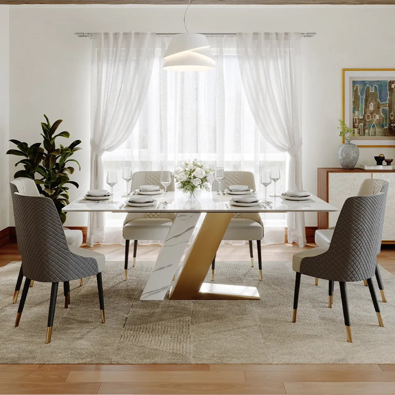  Table de salle à manger Stapp, H 29,53 po x L 78,74 po x l 39,37 po, Doré, Blanc lustré