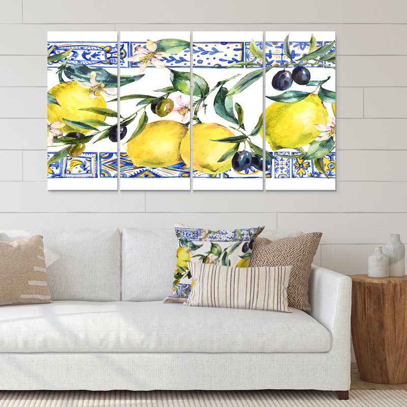 Ornement de citron sur motif géométrique bleu II - ensemble de 4 reproductions d'art sur toiles tendues