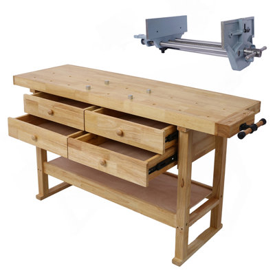 60In Workbench With 4 Drawers Wooden Workbench For Garage Workshop And Home, With Rapid Action Woodworking Vise 10.5 Inch Jaw Width Made With Heavy-Duty Cast Iron , GRAY COLOR