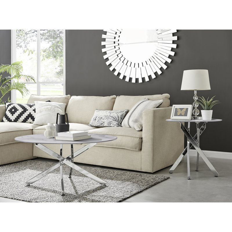 Cesarino Marble Effect Round Coffee Table - Glass Topped Metal Leg Centre Table, White, Silver