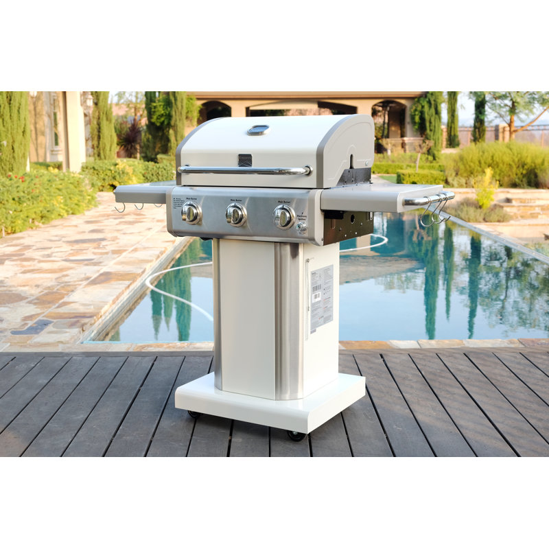 Kenmore 3-Burner Propane Gas Grill with Foldable Side Tables for Outdoor BBQ, Pearl